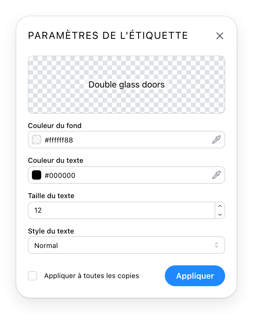 Le dialogue des paramètres de l'étiquette
