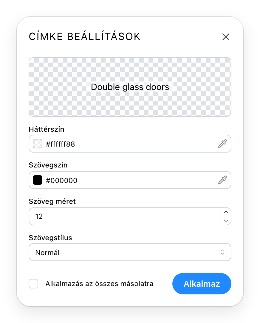 A címkebeállítások párbeszédablaka