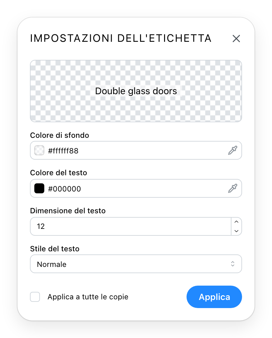 Il dialogo delle impostazioni dell'etichetta