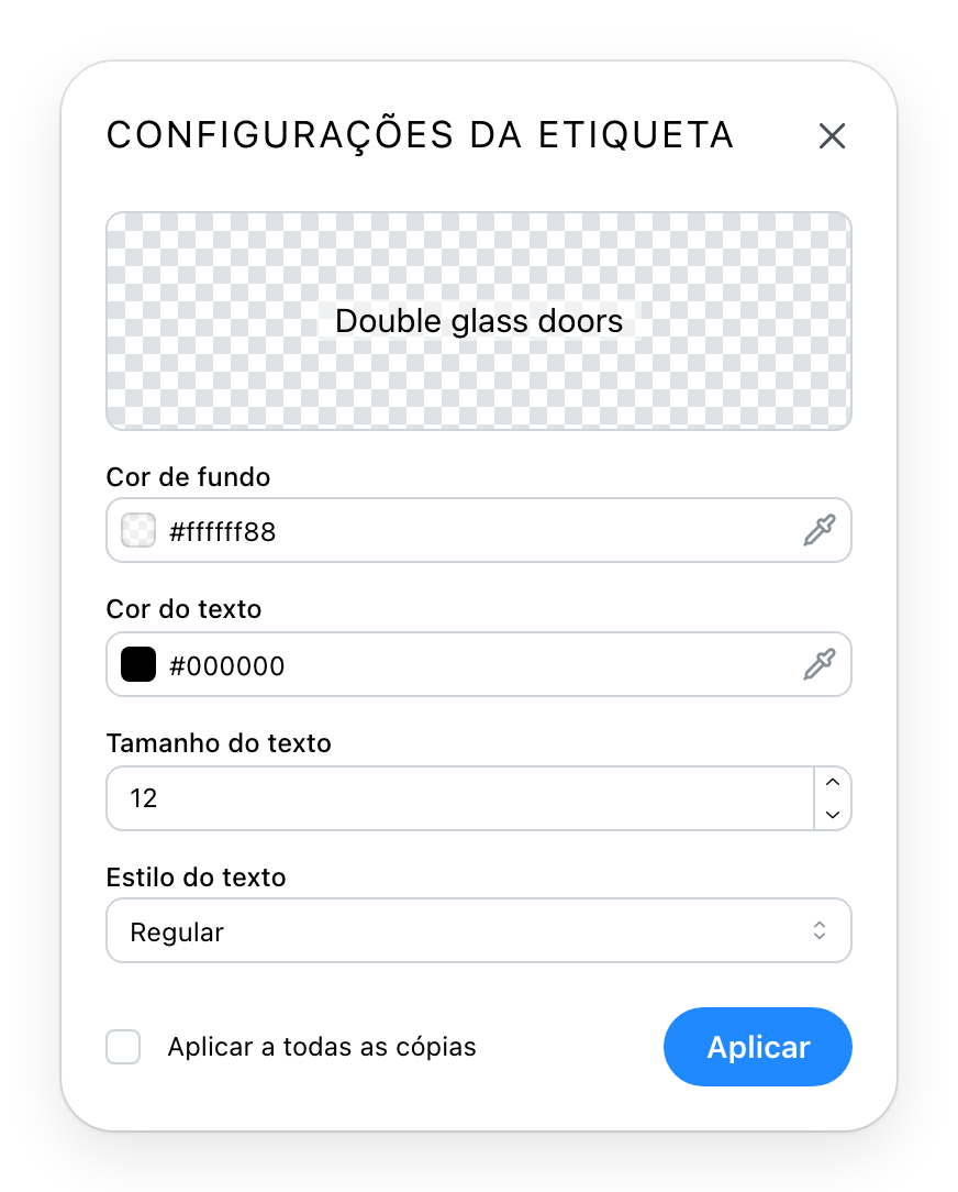 O diálogo de definições da etiqueta