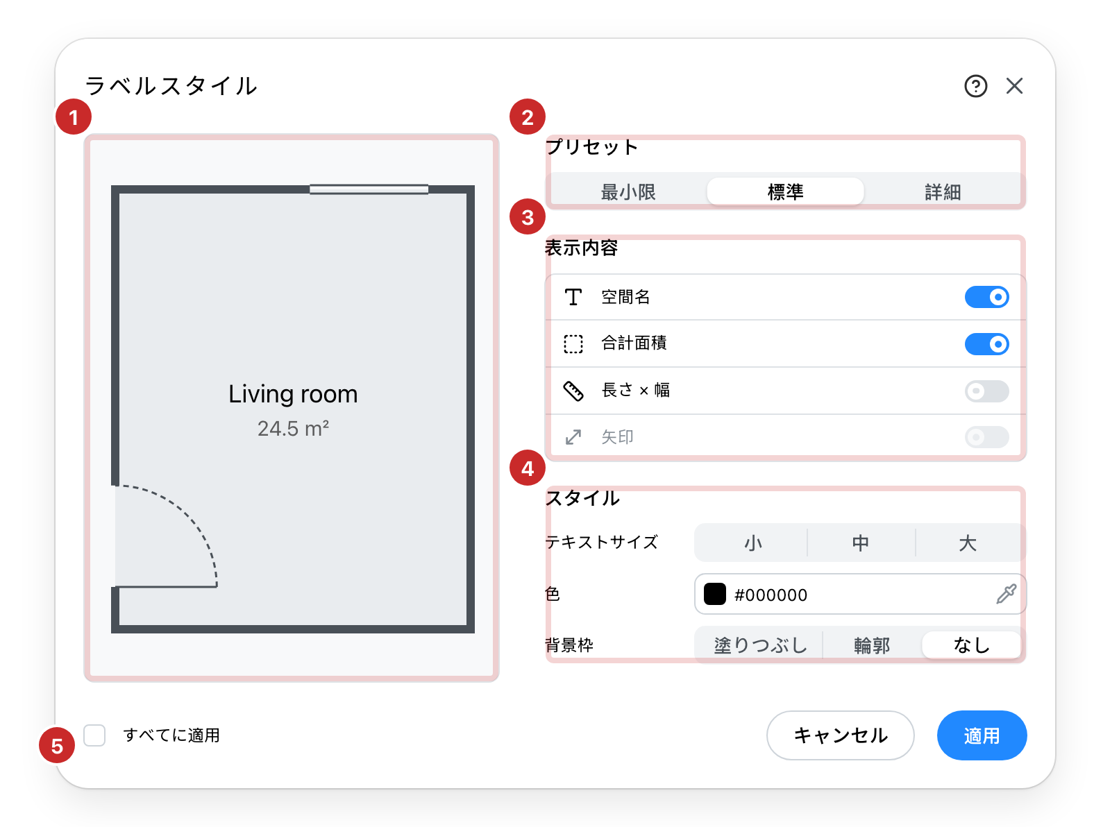 ラベルスタイルのダイアログ。5つの部分に番号が振られている
