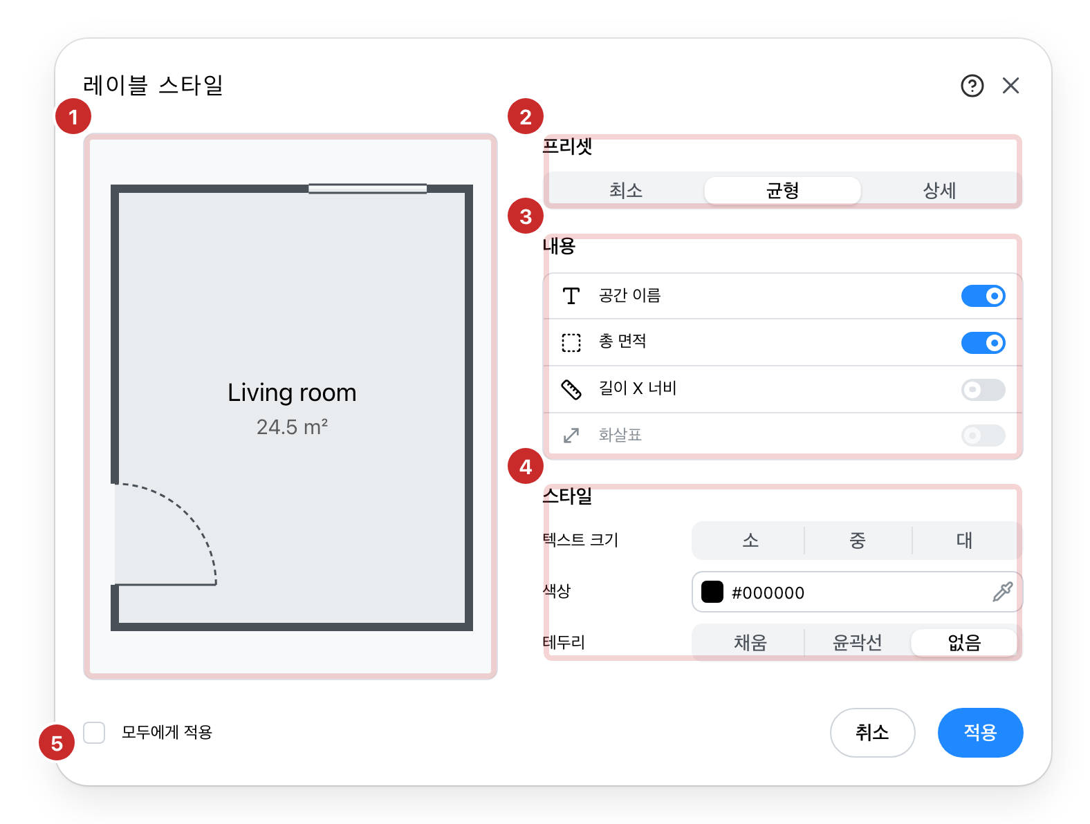 라벨 스타일 대화상자, 다섯 부분에 번호가 매겨져 있음