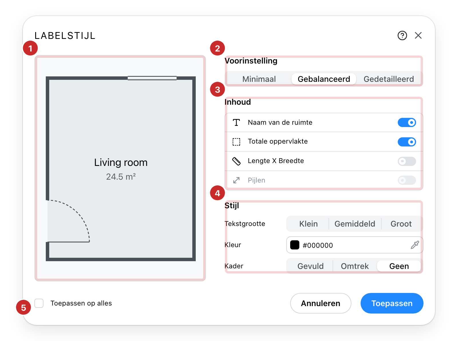 Het labelstijlvenster, met zijn vijf onderdelen genummerd
