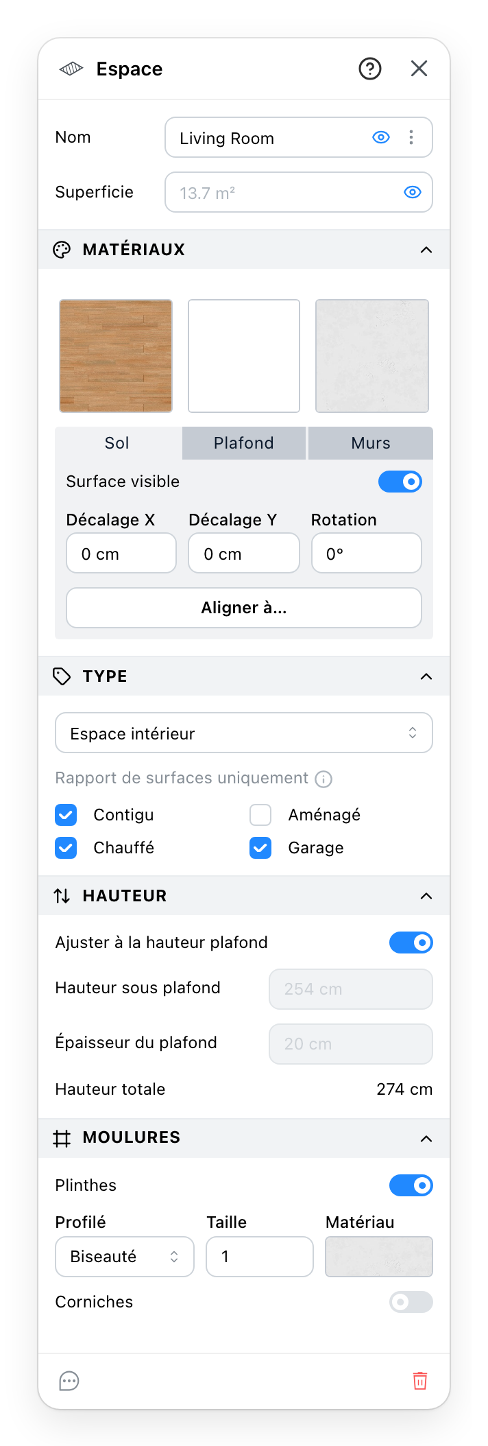 Le panneau Espace