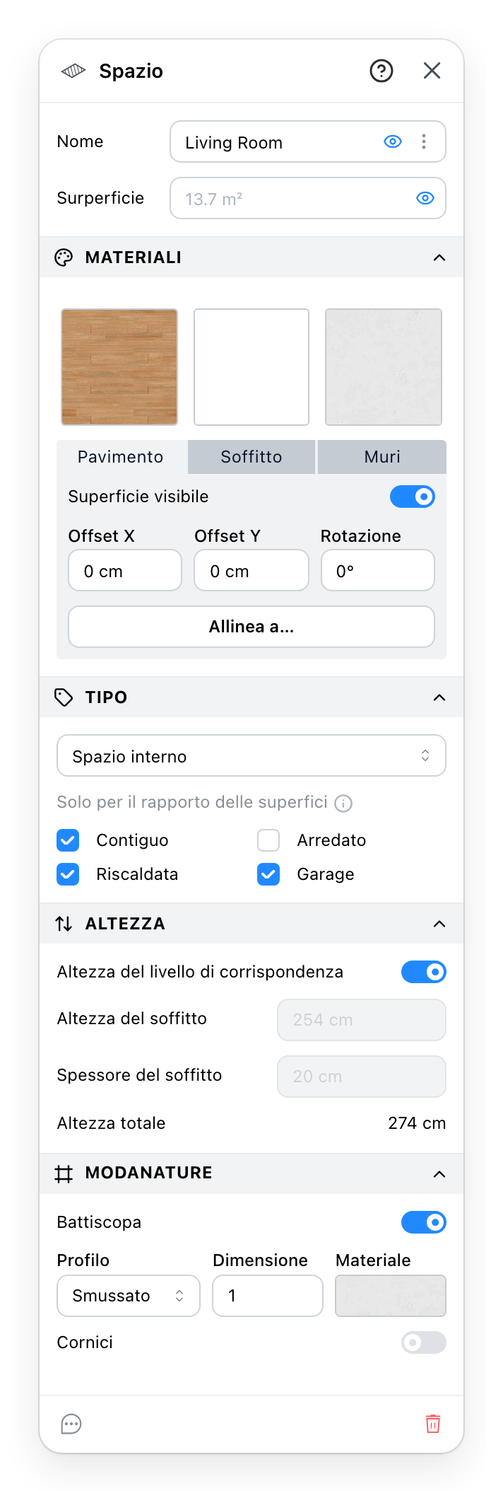 Il pannello Spazio