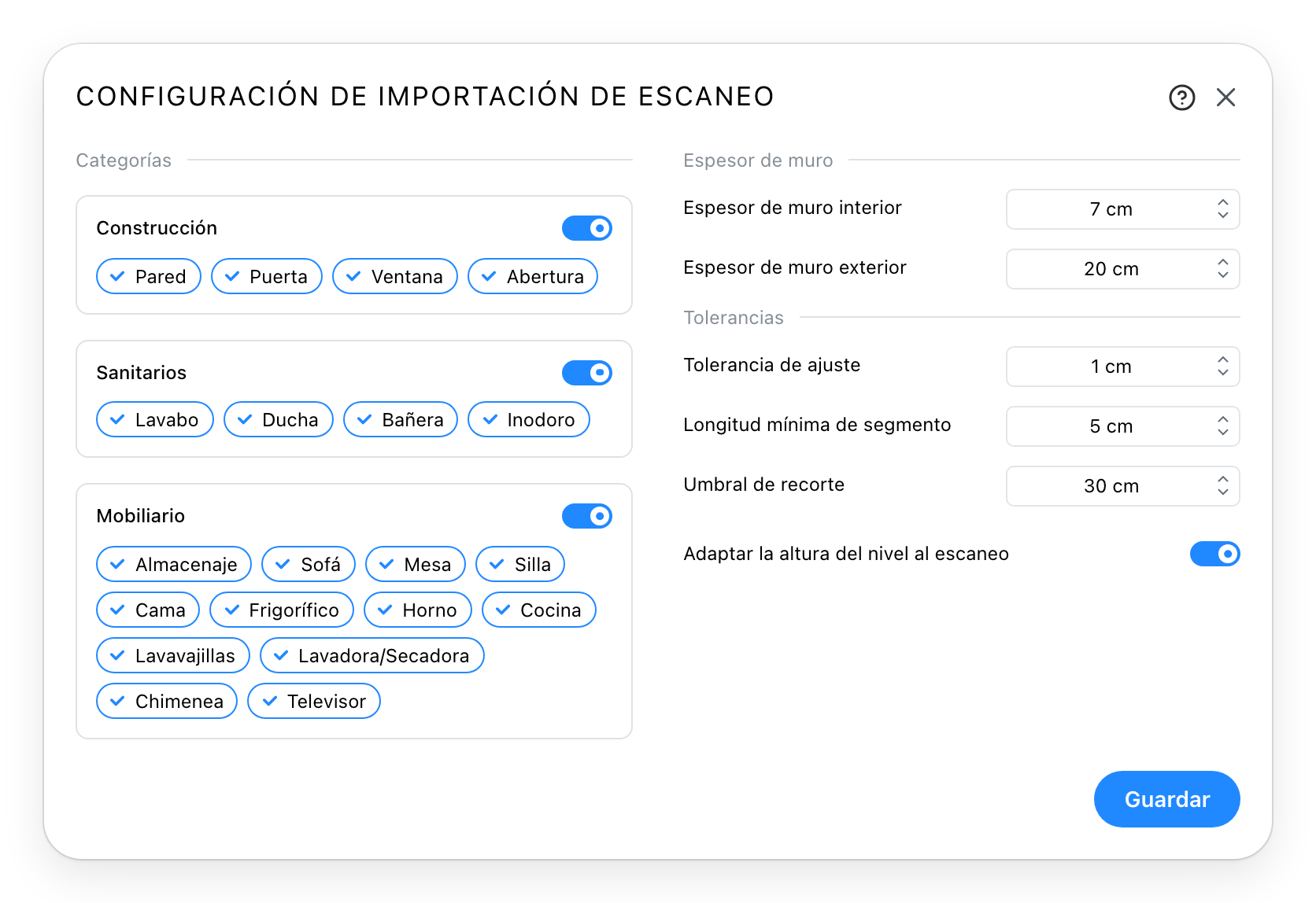 El diálogo de configuración de importación de escaneo