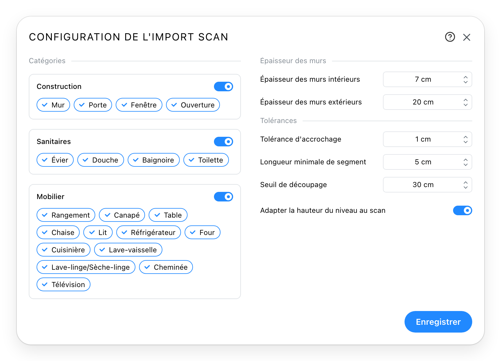 Le dialogue de configuration d'import de scan