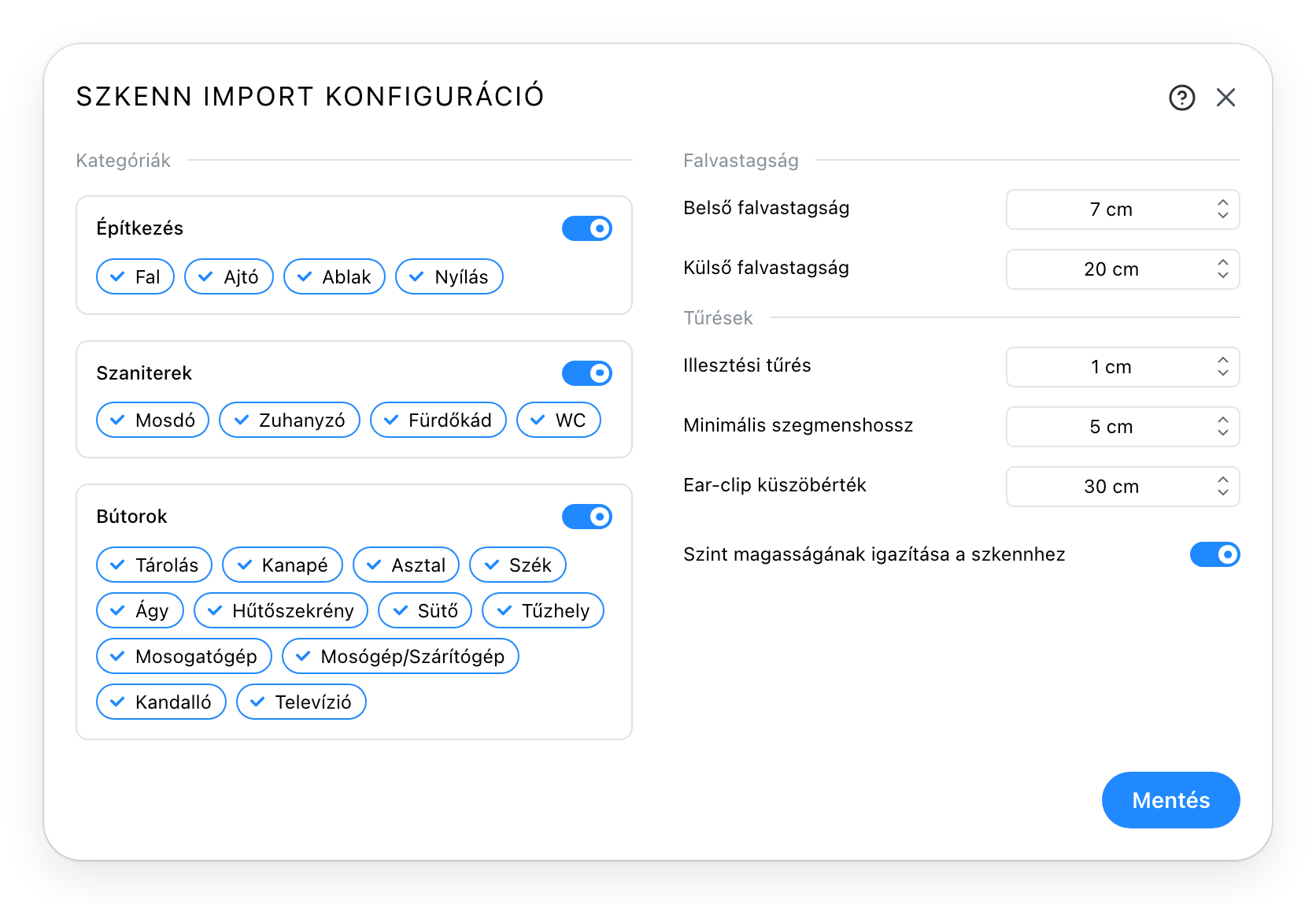 A szkennelés importálási beállításai párbeszédablak
