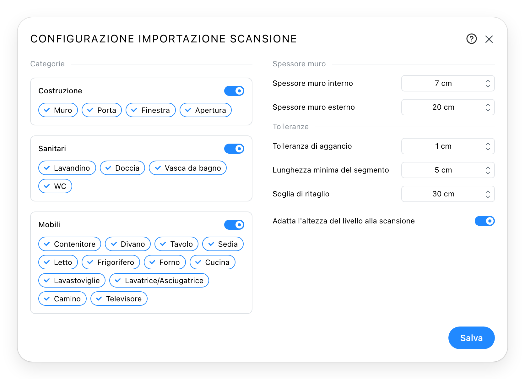 Il dialogo di configurazione dell'importazione