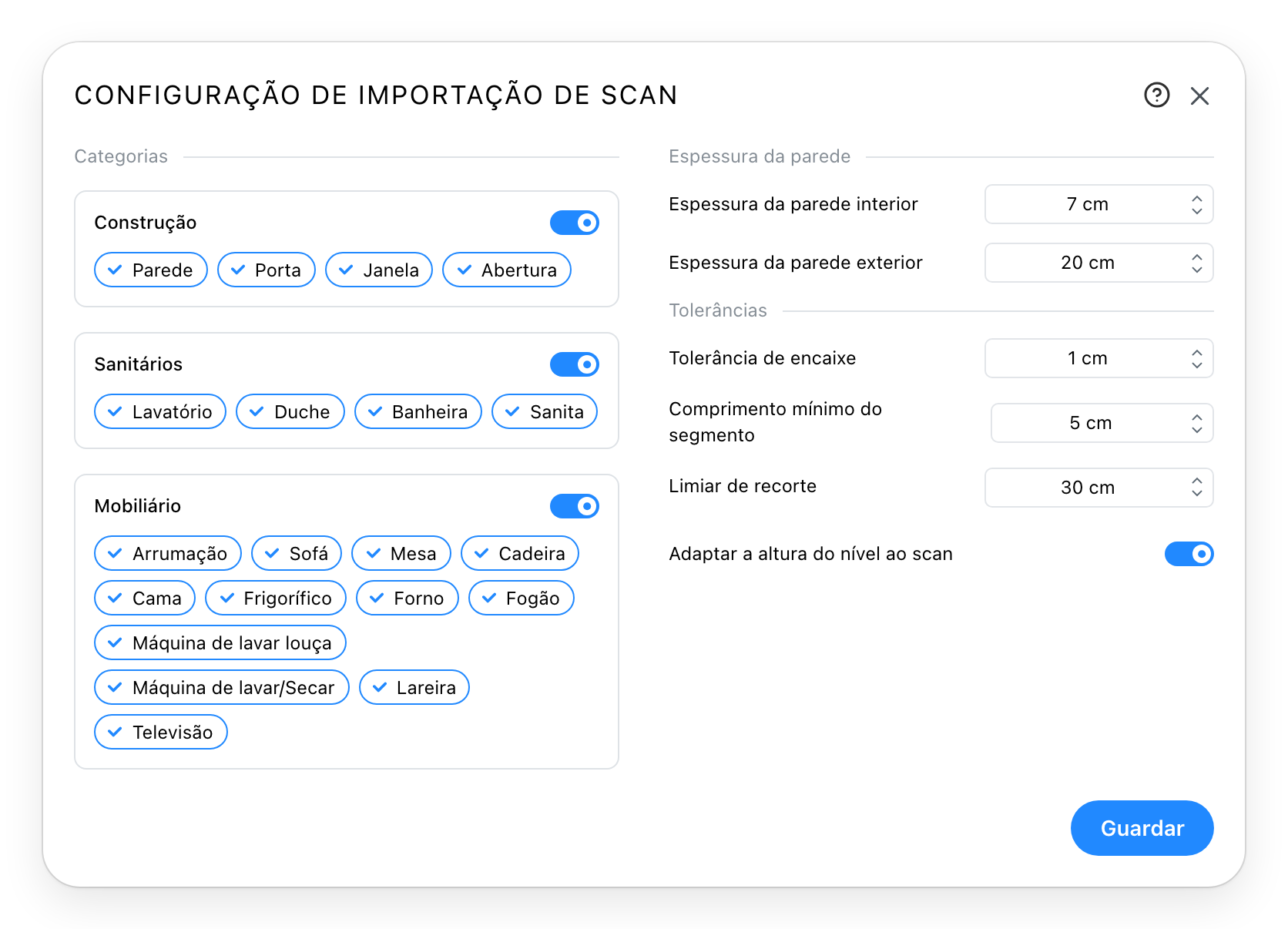 O diálogo de configuração de importação de escaneamento
