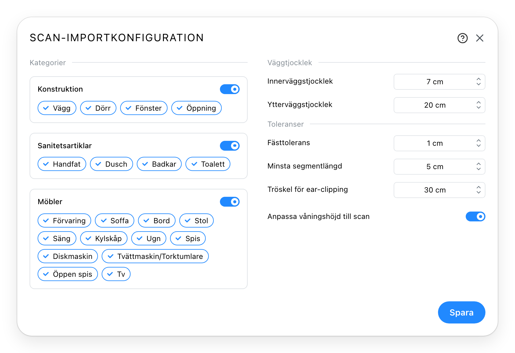 Dialogen Skanningsimportinställningar