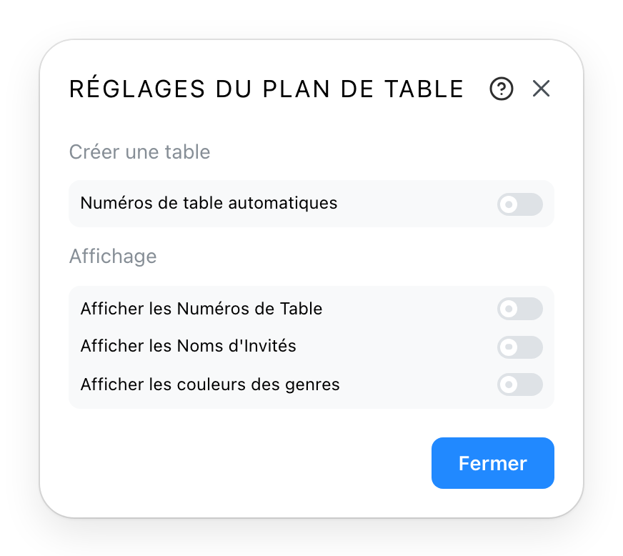 Les réglages du plan de table