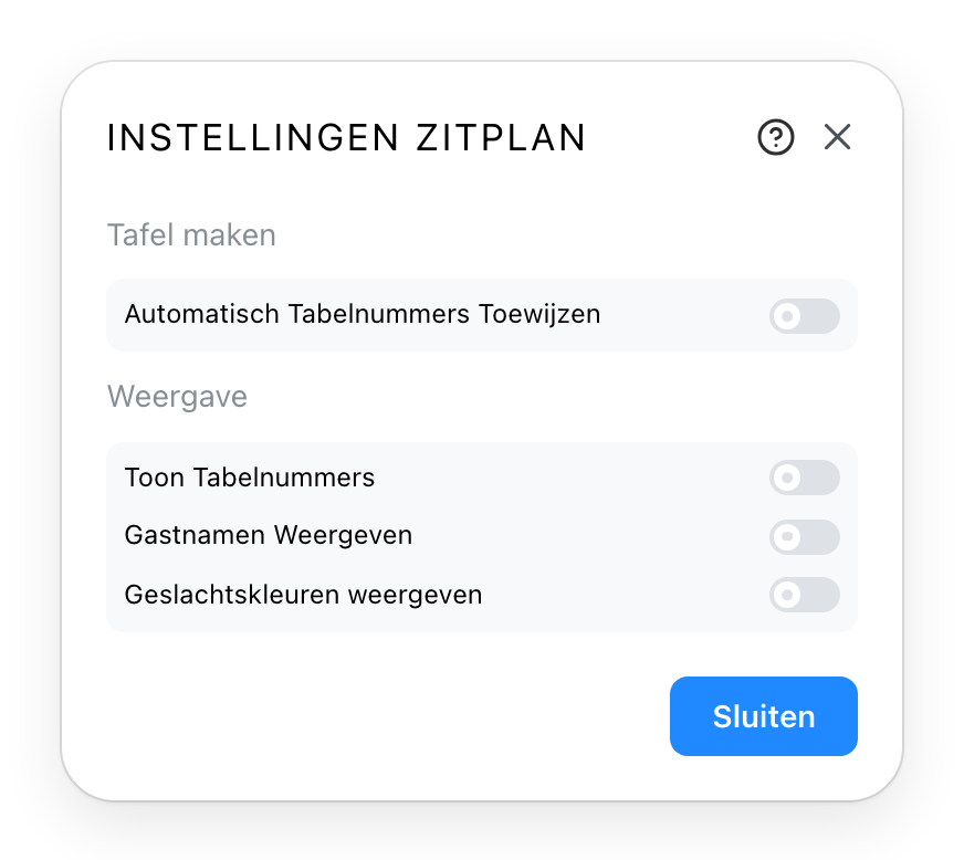 De instellingen van het zitplan