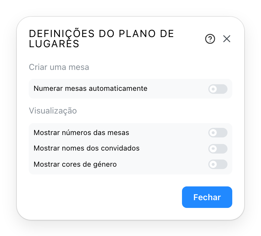 As definições do plano de lugares