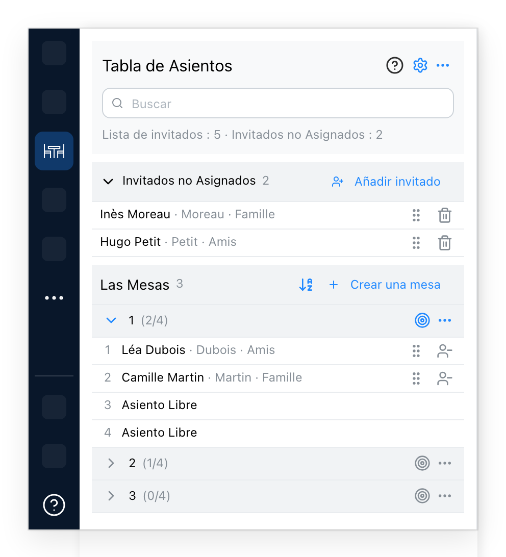 La pestaña Tabla de Asientos, dos invitados por sentar y tres mesas