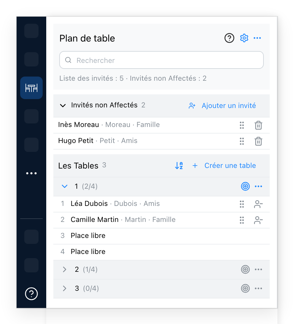 L'onglet Plan de table, deux invités à placer et trois tables