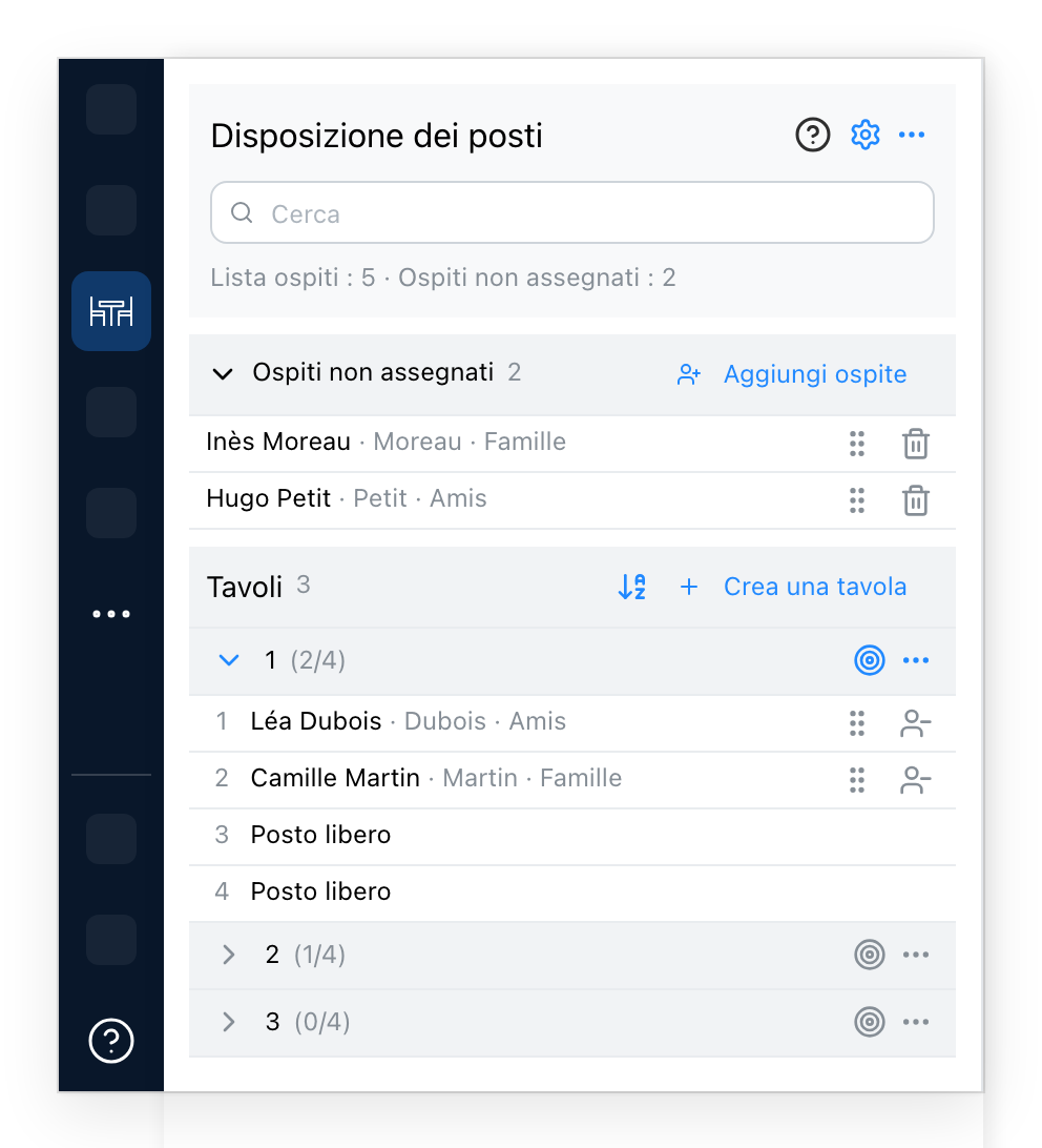 La scheda Disposizione dei posti, due ospiti da sedere e tre tavoli