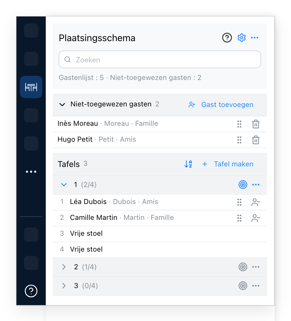 Het tabblad Plaatsingsschema, twee gasten te plaatsen en drie tafels