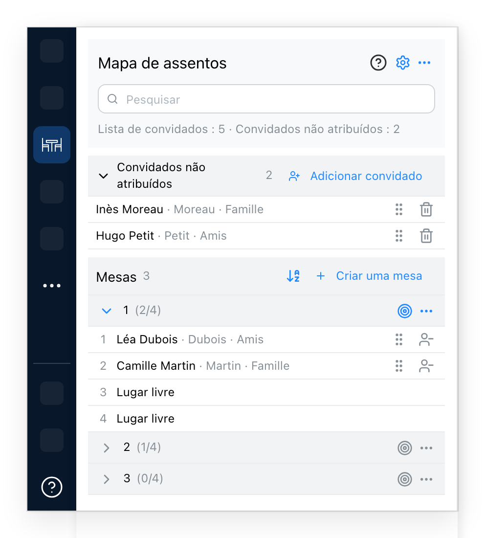 A aba Mapa de assentos, dois convidados por sentar e três mesas