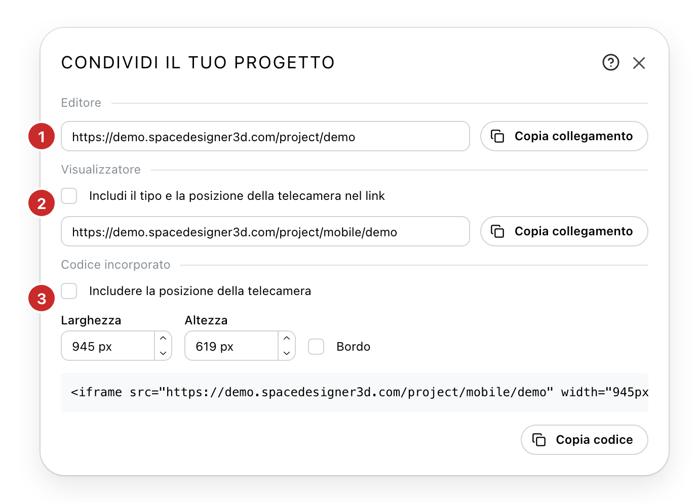 La finestra di condivisione, con le sue tre sezioni numerate
