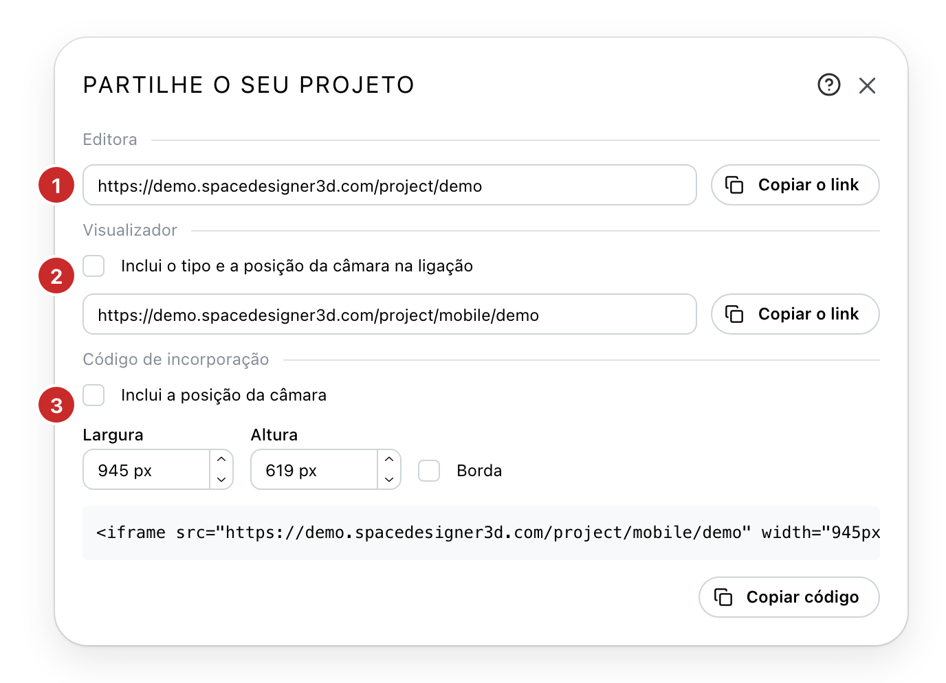 O diálogo de compartilhamento, com as suas três seções numeradas