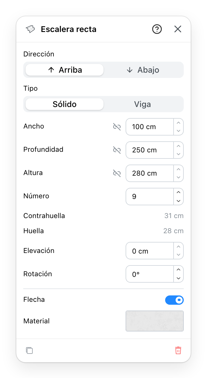 El panel Escalera recta