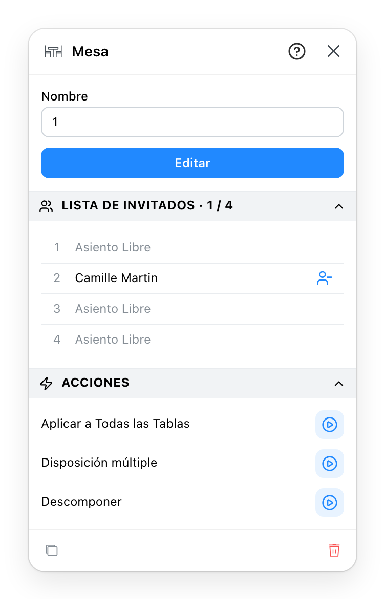 El panel de propiedades de una mesa