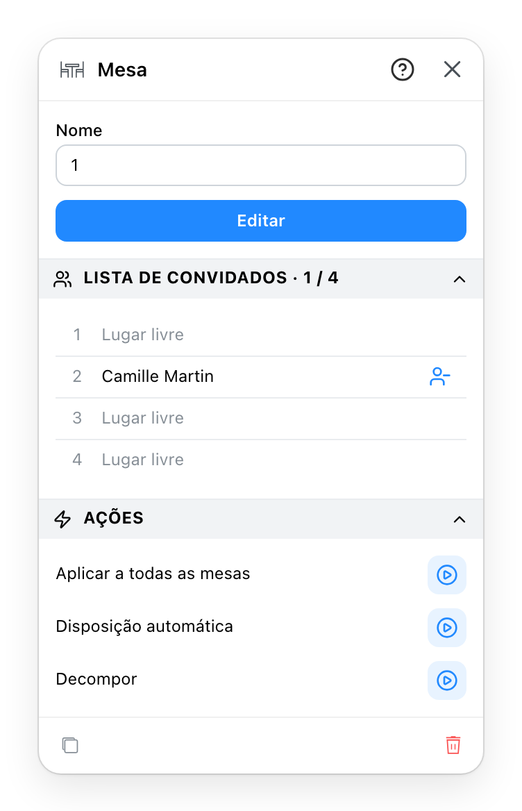 O painel de propriedades de uma mesa