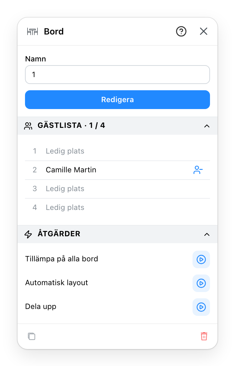 Egenskapspanelen för ett bord