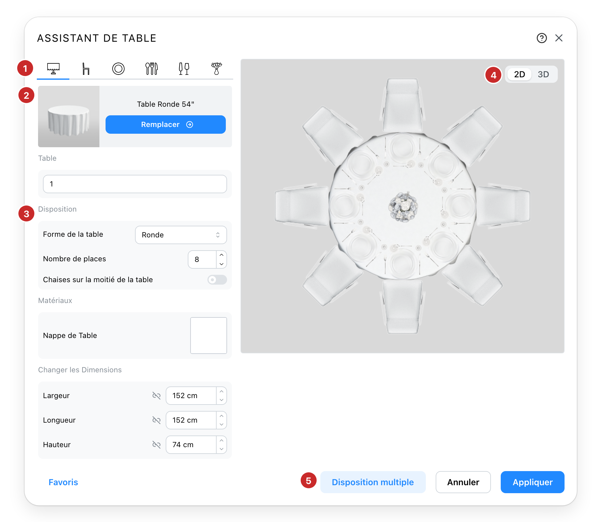 L'assistant de table, ses cinq parties numérotées