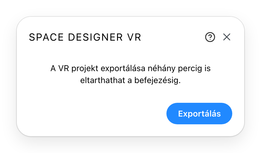 A VR-export párbeszédablak indítás előtt